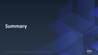 © 2018, Amazon Web Services, Inc. or its Affiliates. All rights reserved. Amazon Confidential and Trademark© 2018, Amazon Web Services, Inc. or its Affiliates. All rights reserved. Amazon Confidential and Trademark
Summary
 
