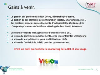 Gains à venir.
La gestion des problèmes (début 2014), démarche pro-active.
La gestion de ses éléments de configuration (postes, smartphones, etc.).
Des Incidents associés aux évènements d’Indisponibilité (Systèmes C1).
L’usage de processus de Self-Care, développés dans l’outil Knowesia.
Une bonne visibilité managériale sur l’ensemble de la DSI.
La vision du planning des changements, avec les contraintes Utilisateurs.
La vision de leur périmètre, pour les Utilisateurs clefs.
La vision de l’activité de la DSI, pour les patrons métiers.

C’est un outil qui favorise le marketing de la DSI et son image.

Vers l’harmonie des Services
26 nov. 2013 – Cœur Défense 92

Mise en place d’un outil ITSM

10

 