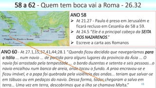 15
58 a 62 - Quem tem boca vai a Roma - 26.32
ANO 60 - At 27.1,15,37,41,44;28.1 “Quando ficou decidido que navegaríamos para
a Itália ... num navio ... de partida para alguns lugares da província da Ásia ... O
navio foi arrastado pela tempestade ... a bordo duzentas e setenta e seis pessoas...o
navio encalhou num banco de areia, onde tocou o fundo. A proa encravou-se e
ficou imóvel, e a popa foi quebrada pela violência das ondas... teriam que salvar-se
em tábuas ou em pedaços do navio. Dessa forma, todos chegaram a salvo em
terra... Uma vez em terra, descobrimos que a ilha se chamava Malta.”
ANO 58
 At 21.27 - Paulo é preso em Jerusalém e
ficará recluso em Cesaréia de 58 a 59.
 At 24.5 “Ele é o principal cabeça da SEITA
DOS NAZARENOS.”
 Escreve a carta aos Romanos
 