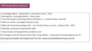 1.Cronologia bíblica – David Payne – Ed Cultura Cristã – 2011
2.Monografia: Cronologia Bíblica – Silvio Costa
3.Uma Introdução a Cronologia Bíblica (Andréia C. L. Frazão da Silva, internet)
4.Bíblia em ordem cronológica (Editora Vida)
5.Bíblia de Estudo Arqueológica NVI – Kunz André Claiton e outros – Editora Vida – 2013
6.Reflexões extraídas da World Wide Web
7.http://www.cronologiadabiblia.wordpress.com
8.Cronologia livros NT: Revista Vida Cristã –Escola Bíblica – www.editoracristaevangelica.com.br
Esta apresentação está disponível no site: www.escolabiblicavirtual.com.br
 