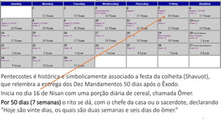 5
Pentecostes é histórica e simbolicamente associado a festa da colheita (Shavuot),
que relembra a entrega dos Dez Mandamentos 50 dias após o Êxodo.
Inicia no dia 16 de Nisan com uma porção diária de cereal, chamada Ômer.
Por 50 dias (7 semanas) o rito se dá, com o chefe da casa ou o sacerdote, declarando
“Hoje são vinte dias, os quais são duas semanas e seis dias do ômer.”
 