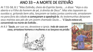 ANO 33 – A MORTE DE ESTEVÃO
At 7.55-58; 8.1 “Mas Estêvão, cheio do Espírito Santo, ...e disse: "Vejo o céu
aberto e o Filho do homem de pé, à direita de Deus". Mas eles taparam os
ouvidos e, gritando bem alto, lançaram-se todos juntos contra ele, arrastaram-
no para fora da cidade e começaram a apedrejá-lo. As testemunhas deixaram
seus mantos aos pés de um jovem chamado Saulo.... “E Saulo estava ali,
consentindo na morte de Estêvão...
At 8.3 “Saulo, por sua vez, devastava a igreja. Indo de casa em
casa, arrastava homens e mulheres e os lançava na prisão.”
7
 