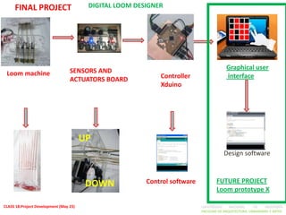 FINAL PROJECT                       DIGITAL LOOM DESIGNER




                                  SENSORS AND                                            Graphical user
 Loom machine                                                Controller                  interface
                                  ACTUATORS BOARD
                                                             Xduino




                                        UP
                                                                                        Design software



                                         DOWN            Control software           FUTURE PROJECT
                                                                                    Loom prototype X

CLASS 18:Project Development (May 23)                                       UNIVERSIDAD    NACIONAL     DE    INGENIERÍA
                                                                            FACULTAD DE ARQUITECTURA, URBANISMO Y ARTES
 