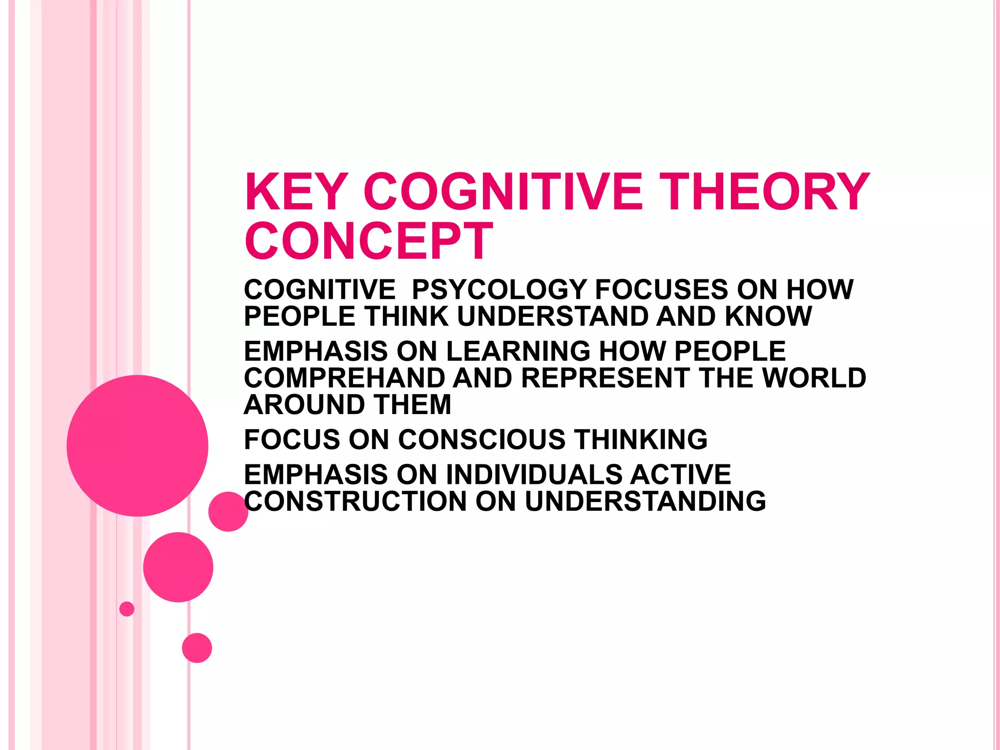 KEY COGNITIVE THEORY
CONCEPT
COGNITIVE PSYCOLOGY FOCUSES ON HOW
PEOPLE THINK UNDERSTAND AND KNOW
EMPHASIS ON LEARNING HOW PEOPLE
COMPREHAND AND REPRESENT THE WORLD
AROUND THEM
FOCUS ON CONSCIOUS THINKING
EMPHASIS ON INDIVIDUALS ACTIVE
CONSTRUCTION ON UNDERSTANDING
 