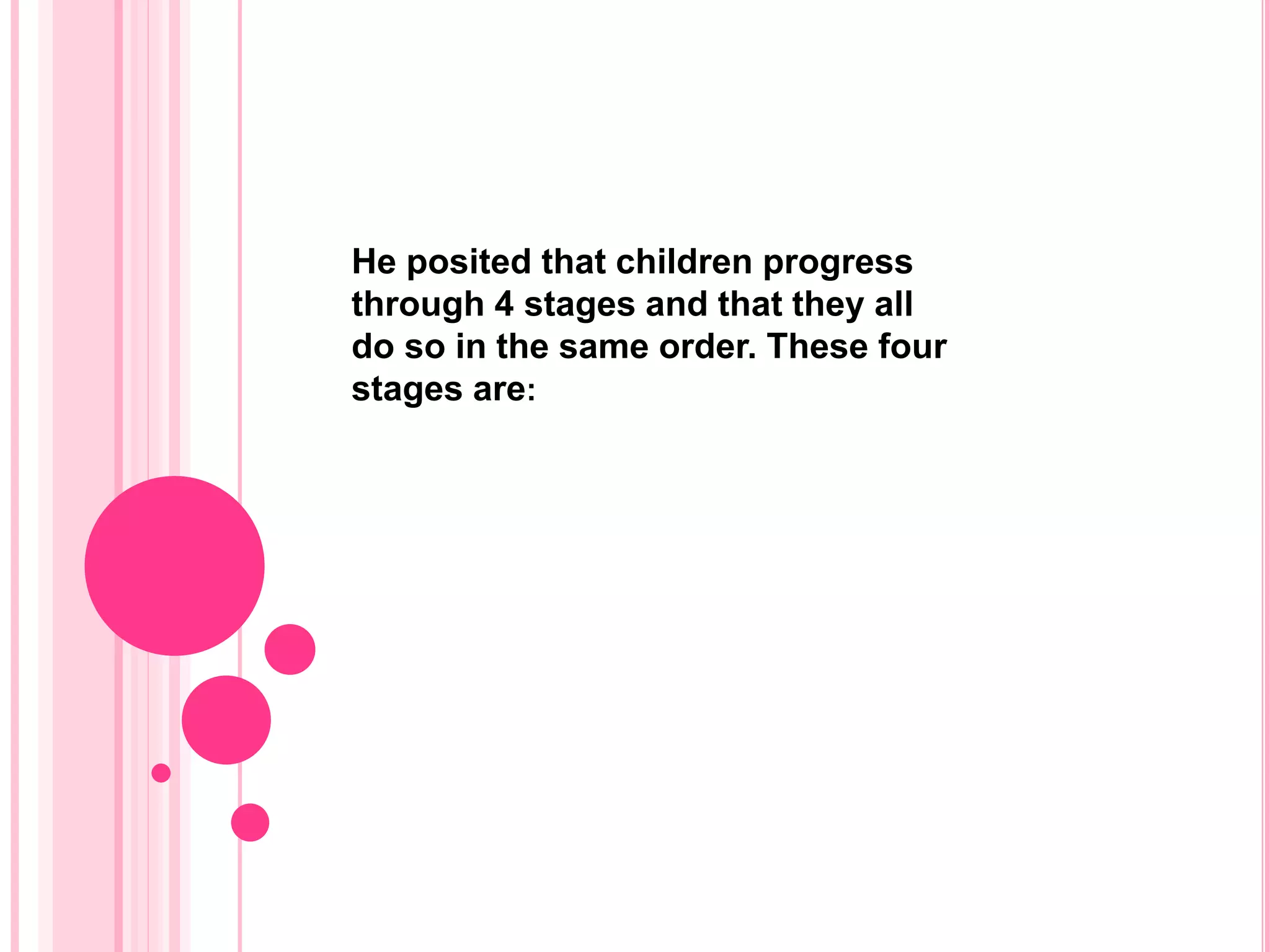 He posited that children progress
through 4 stages and that they all
do so in the same order. These four
stages are:
 