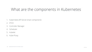 © Copyright 2020 Hysn Pte Ltd, All rights reserved
What are the components in Kubernetes
1. Kubernetes API Server (main component)
2. ETCD
3. Controller Manager
4. Scheduler
5. Kubelet
6. Kube Proxy
 