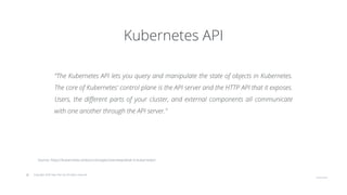 © Copyright 2020 Hysn Pte Ltd, All rights reserved
Kubernetes API
“The Kubernetes API lets you query and manipulate the state of objects in Kubernetes.
The core of Kubernetes' control plane is the API server and the HTTP API that it exposes.
Users, the different parts of your cluster, and external components all communicate
with one another through the API server.”
Source: https://kubernetes.io/docs/concepts/overview/what-is-kubernetes/
 