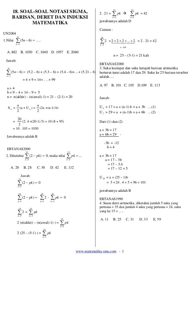 18 Soal Soal Notasi Sigma Barisan Deret Dan Induksi Matematika