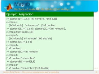Matlab
Vectores o matrices de celdas (Cell Arrays)
20
Ejemplo: Asignación
>> ejemplo1={[1 2 3], 'mi nombre', rand(3,3)}
ejemplo =
[1x3 double] 'mi nombre' [3x3 double]
>> ejemplo2(1)={[1 2 3]}, ejemplo2(2)={'mi nombre'},
ejemplo2(3)={rand(3,3)}
ejemplo2=
[1x3 double] 'mi nombre' [3x3 double]
>> ejemplo3{1}=[1 2 3]
ejemplo3=
[1x3 double]
>> ejemplo3{2}='mi nombre'
ejemplo3=
[1x3 double] 'mi nombre‘
>> ejemplo3{3}=rand(3,3)
ejemplo3=
[1x3 double] 'mi nombre' [3x3 double]
 