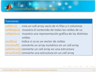 Matlab
Funciones para arreglos de celdas
22
Funciones
cell(m,n) crea un cell array vacío de m filas y n columnas
celldisp(ca) muestra el contenido de todas las celdas de ca
cellplot(ca) muestra una representación gráfica de las distintas
celdas
iscell(ca) indica si ca es un vector de celdas
num2cell() convierte un array numérico en un cell array
cell2struct() convierte un cell array en una estructura
struct2cell() convierte una estructura en un cell array
 