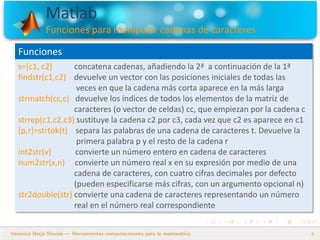 Matlab
Funciones para manipular cadenas de caracteres
6
Funciones
s=[c1, c2] concatena cadenas, añadiendo la 2ª a continuación de la 1ª
findstr(c1,c2) devuelve un vector con las posiciones iniciales de todas las
veces en que la cadena más corta aparece en la más larga
strmatch(cc,c) devuelve los índices de todos los elementos de la matriz de
caracteres (o vector de celdas) cc, que empiezan por la cadena c
strrep(c1,c2,c3) sustituye la cadena c2 por c3, cada vez que c2 es aparece en c1
[p,r]=strtok(t) separa las palabras de una cadena de caracteres t. Devuelve la
primera palabra p y el resto de la cadena r
int2str(v) convierte un número entero en cadena de caracteres
num2str(x,n) convierte un número real x en su expresión por medio de una
cadena de caracteres, con cuatro cifras decimales por defecto
(pueden especificarse más cifras, con un argumento opcional n)
str2double(str) convierte una cadena de caracteres representando un número
real en el número real correspondiente
 