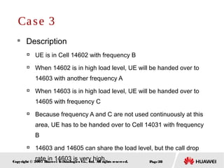 Page28Copyright © 2007 Huawei Technologies Co., Ltd. All rights reserved.
 Description

UE is in Cell 14602 with frequency B

When 14602 is in high load level, UE will be handed over to
14603 with another frequency A

When 14603 is in high load level, UE will be handed over to
14605 with frequency C

Because frequency A and C are not used continuously at this
area, UE has to be handed over to Cell 14031 with frequency
B

14603 and 14605 can share the load level, but the call drop
rate in 14603 is very high.
Case 3
 