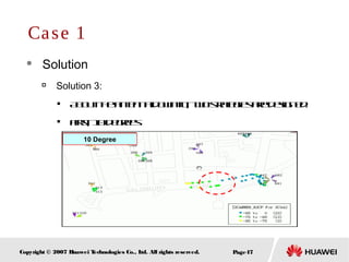 Page47Copyright © 2007 Huawei Technologies Co., Ltd. All rights reserved.
 Solution

Solution 3:

Abouttheantennadowntilt, twostrategiesaredesigned.

First, 10degrees
Case 1
10 Degree
 