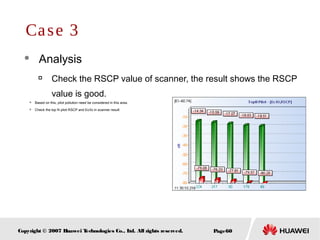 Page60Copyright © 2007 Huawei Technologies Co., Ltd. All rights reserved.
 Analysis

Check the RSCP value of scanner, the result shows the RSCP
value is good.
Case 3

Based on this, pilot pollution need be considered in this area.

Check the top N pilot RSCP and Ec/Io in scanner result
 