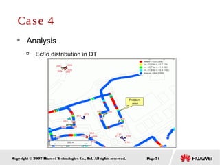 Page74Copyright © 2007 Huawei Technologies Co., Ltd. All rights reserved.
 Analysis

Ec/Io distribution in DT
Case 4
Problem
area
Problem
area
 