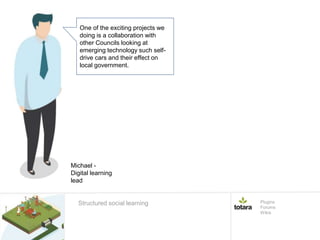 One of the exciting projects we
doing is a collaboration with
other Councils looking at
emerging technology such self-
drive cars and their effect on
local government.
Plugins
Forums
Wikis
Michael -
Digital learning
lead
Structured social learning
 