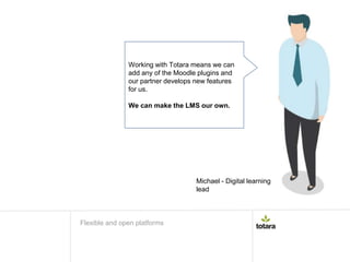 Working with Totara means we can
add any of the Moodle plugins and
our partner develops new features
for us.
We can make the LMS our own.
Flexible and open platforms
Michael - Digital learning
lead
 