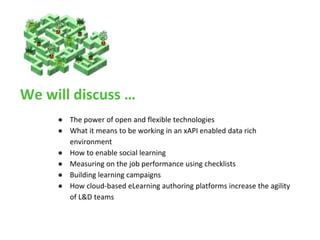 ● The power of open and flexible technologies
● What it means to be working in an xAPI enabled data rich
environment
● How to enable social learning
● Measuring on the job performance using checklists
● Building learning campaigns
● How cloud-based eLearning authoring platforms increase the agility
of L&D teams
We will discuss …
 