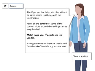 AccessAccessITIT
Claire – AdvisorClaire – Advisor
The IT person that helps with this will not
be same person that helps with the
integrations.
Focus on the outcome – some of the
conversations around these things can be
very detailed
Match make your IT people and the
vendor.
Having someone on the team that is an IT
‘match maker’ is useful e.g. account exec
The IT person that helps with this will not
be same person that helps with the
integrations.
Focus on the outcome – some of the
conversations around these things can be
very detailed
Match make your IT people and the
vendor.
Having someone on the team that is an IT
‘match maker’ is useful e.g. account exec
 