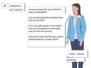 Amelia –
Switching
Amelia –
Switching
ITIT
Claire – AdvisorClaire – Advisor
I hope you have the source files? or
files you uploaded?
Can you download the modules from
the current LMS?
If it’s only 100 maybe it’s not worth
the cost of building an automated
way to move the courses.
If you don’t have the files you could a
technical person ‘scrape’ them?
I hope you have the source files? or
files you uploaded?
Can you download the modules from
the current LMS?
If it’s only 100 maybe it’s not worth
the cost of building an automated
way to move the courses.
If you don’t have the files you could a
technical person ‘scrape’ them?
IntegrationsIntegrations
Data – migrationsData – migrations
 