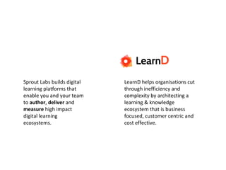LearnD helps organisations cut
through inefficiency and
complexity by architecting a
learning & knowledge
ecosystem that is business
focused, customer centric and
cost effective.
Sprout Labs builds digital
learning platforms that
enable you and your team
to author, deliver and
measure high impact
digital learning
ecosystems.
 
