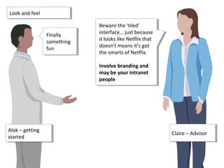 Claire – AdvisorClaire – Advisor
Beware the ‘tiled’
interface… just because
it looks like Netflix that
doesn’t means it’s got
the smarts of Netflix.
Involve branding and
may be your intranet
people
Beware the ‘tiled’
interface… just because
it looks like Netflix that
doesn’t means it’s got
the smarts of Netflix.
Involve branding and
may be your intranet
people
Look and feelLook and feel
Finally
something
fun
Finally
something
fun
Alok – getting
started
Alok – getting
started
 