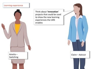 Claire – AdvisorClaire – Advisor
Think about ‘innovation’
projects that could be used
to show the new learning
experiences the LMS
enables
Think about ‘innovation’
projects that could be used
to show the new learning
experiences the LMS
enables
Learning experienceLearning experience
Amelia –
Switching
Amelia –
Switching
 