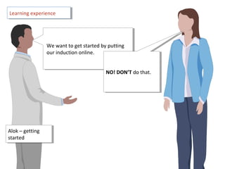 Learning experienceLearning experience
Alok – getting
started
Alok – getting
started
We want to get started by putting
our induction online.
We want to get started by putting
our induction online.
NO! DON’T do that.NO! DON’T do that.
 
