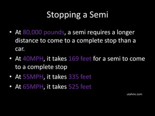 Stopping a Semi
• At 80,000 pounds, a semi requires a longer
distance to come to a complete stop than a
car.
• At 40MPH, it takes 169 feet for a semi to come
to a complete stop
• At 55MPH, it takes 335 feet
• At 65MPH, it takes 525 feet
utahmc.com
 