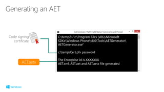 C:temp2>"c:Program Files (x86)Microsoft
SDKsWindows Phonev8.0ToolsAETGenerator
AETGenerator.exe"
c:tempCert.pfx password
The Enterprise Id is XXXXXXX
AET.xml, AET.aet and AET.aetx file generated
Code signing
certificate
AET.aetx
 