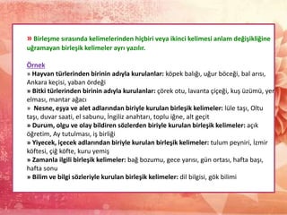 » Birleşme sırasında kelimelerinden hiçbiri veya ikinci kelimesi anlam değişikliğine
uğramayan birleşik kelimeler ayrı yazılır.
Örnek
» Hayvan türlerinden birinin adıyla kurulanlar: köpek balığı, uğur böceği, bal arısı,
Ankara keçisi, yaban ördeği
» Bitki türlerinden birinin adıyla kurulanlar: çörek otu, lavanta çiçeği, kuş üzümü, yer
elması, mantar ağacı
» Nesne, eşya ve alet adlarından biriyle kurulan birleşik kelimeler: lüle taşı, Oltu
taşı, duvar saati, el sabunu, İngiliz anahtarı, toplu iğne, alt geçit
» Durum, olgu ve olay bildiren sözlerden biriyle kurulan birleşik kelimeler: açık
öğretim, Ay tutulması, iş birliği
» Yiyecek, içecek adlarından biriyle kurulan birleşik kelimeler: tulum peyniri, İzmir
köftesi, çiğ köfte, kuru yemiş
» Zamanla ilgili birleşik kelimeler: bağ bozumu, gece yarısı, gün ortası, hafta başı,
hafta sonu
» Bilim ve bilgi sözleriyle kurulan birleşik kelimeler: dil bilgisi, gök bilimi
 
