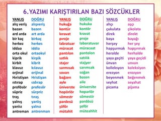 6.YAZIMI KARIŞTIRILAN BAZI SÖZCÜKLER
YANLIŞ
alış veriş
bazan
ard arda
bir kaç
herkez
iddaa
orta okul
kiprik
kirbit
klavuz
orjinal
Hıristiyan
ıstırap
profösör
süpriz
traş
yalnış
yanlız
antreman
DOĞRU
alışveriş
bazen
art arda
birkaç
herkes
iddia
ortaokul
kirpik
kibrit
kılavuz
orijinal
Hristiyan
ızdırap
profesör
sürpriz
tıraş
yanlış
yalnız
antrenman
YANLIŞ
hukuğa
kontür
kıravat
pıroje
labratuar
müracat
pantılon
satlık
stajer
sarmısak
sovan
bağzen
ayle
üniverste
hopörlör
sömestr
pardesü
şöför
mütahit
DOĞRU
hukuka
kontör
kravat
proje
laboratuvar
müracaat
pantolon
satılık
stajyer
sarımsak
soğan
bazen
aile
üniversite
hoparlör
sömestir
pardösü
şoför
müteahhit
YANLIŞ
ahçı
çukulata
direk
baya
herşey
hapşurmak
heralde
yaya geçiti
ünvan
kolleksyon
erezyon
beyenmek
seyhat
picama
DOĞRU
aşçı
çikolata
direkt
bayağı
her şey
hapşırmak
herhalde
yaya geçidi
unvan
koleksiyon
erozyon
beğenmek
seyahat
pijama
 