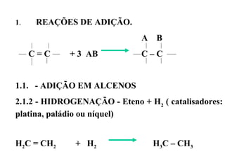 1.        REAÇÕES DE ADIÇÃO.
A B
C = C + 3 AB C – C
1.1. - ADIÇÃO EM ALCENOS
2.1.2 - HIDROGENAÇÃO - Eteno + H2
( catalisadores:
platina, paládio ou níquel)
 
H2C = CH2 + H2 H3C – CH3
 