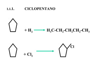 1.1.1. CICLOPENTANO
+ H2 H3C-CH2-CH2CH2-CH3
Cl
                     + Cl2
 