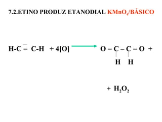 7.2.ETINO PRODUZ ETANODIAL KMnO4/BÁSICO
H-C = C-H + 4[O] O = C – C = O +
H H
+ H2O2
 