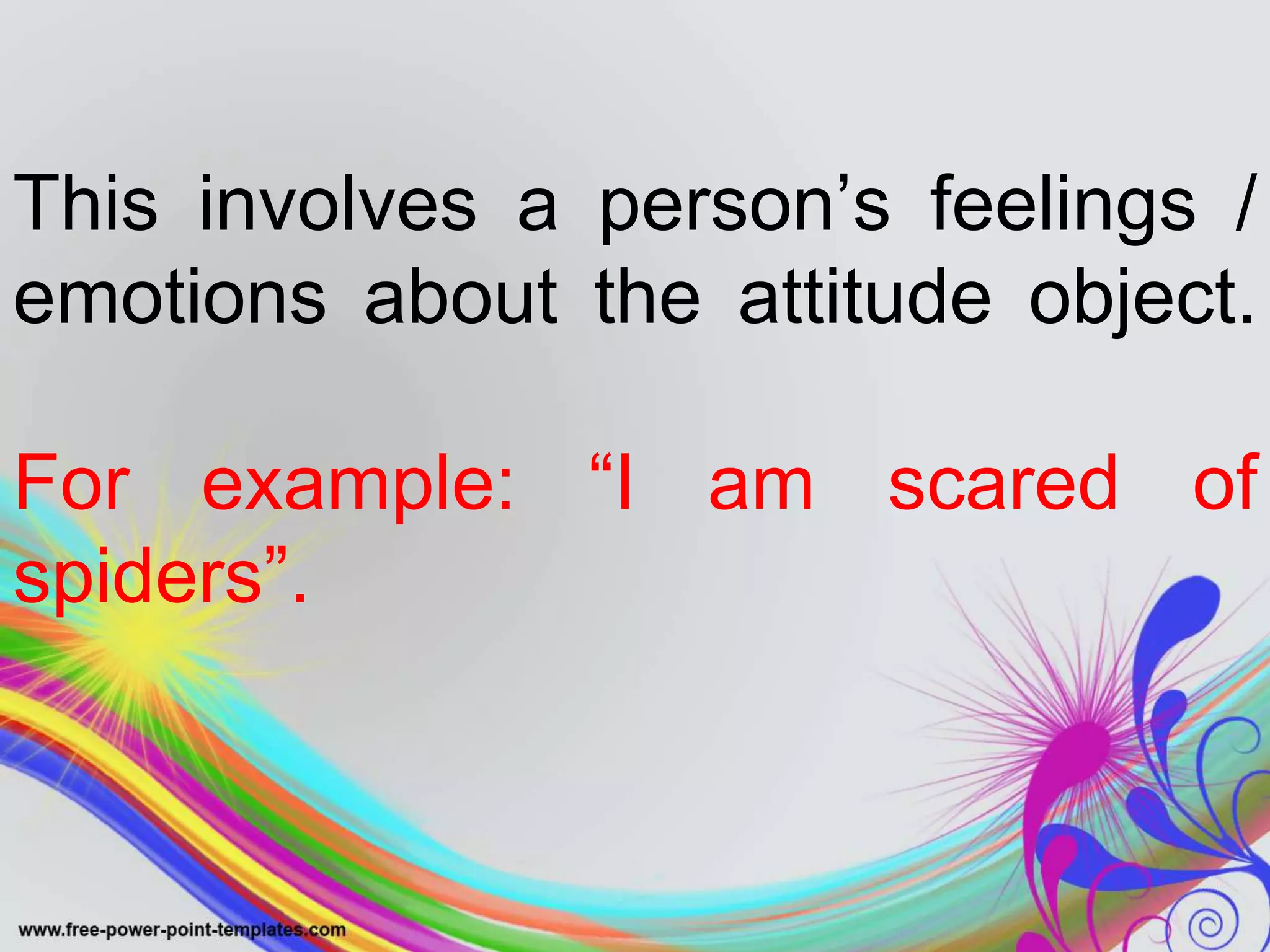 This involves a person’s feelings /
emotions about the attitude object.
For example: “I am scared of
spiders”.
 