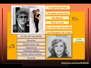Un gamin de Paris
Je t’aime encore plus
Ma Maman
Ni toi, ni moi
On n’est pas prêt d’oublier
Les Bourgeois de Calais
Marie-JoséAu bar de l’escadrille
Besame
Danse avec moi
Esperanza
Chanson gitane
Querida
Slideshare.net/mireille30100
Valsez dans l’ombre
La fille
de Dolorès
 