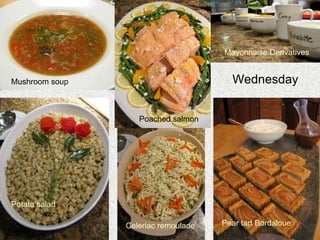 Wednesday Mayonnaise Derivatives Pear tart Bordaloue Celeriac remoulade Potato salad Mushroom soup Poached salmon 