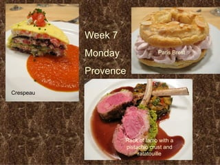 Week 7 Monday  Provence Crespeau  Rack of lamb with a pistachio crust and ratatouille Paris Brest   