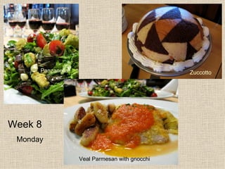 Week 8 Monday  Panzanella Veal Parmesan with gnocchi Zuccotto 