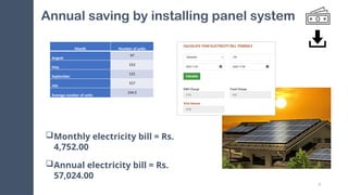 6
Annual saving by installing panel system
Month Number of units
August
97
May
153
September
131
July
157
Average number of units
134.5
Monthly electricity bill = Rs.
4,752.00
Annual electricity bill = Rs.
57,024.00
 