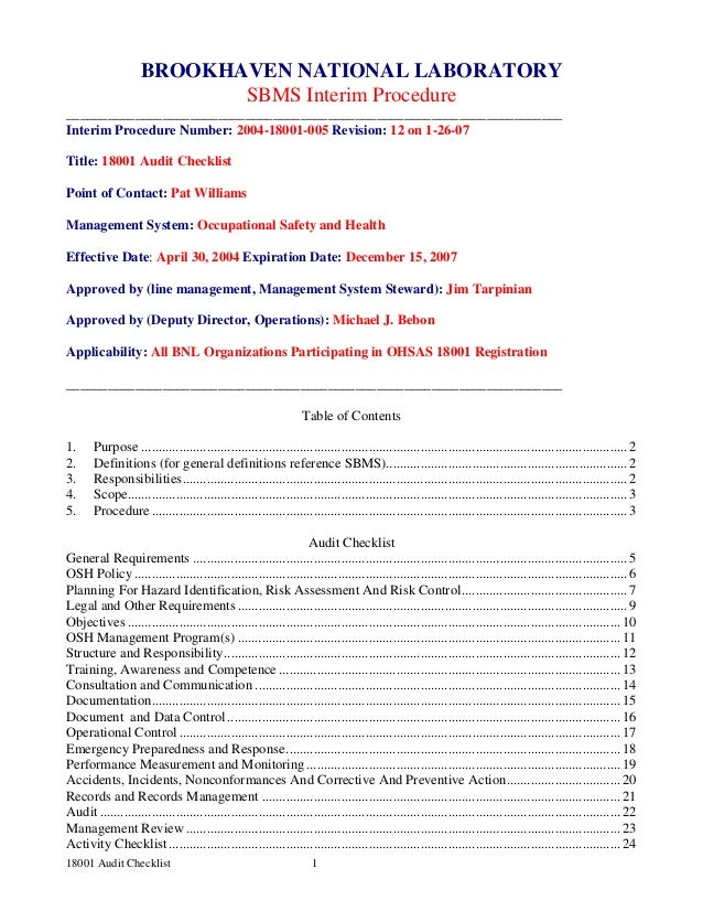 Ohsas 18001 risk assessment form