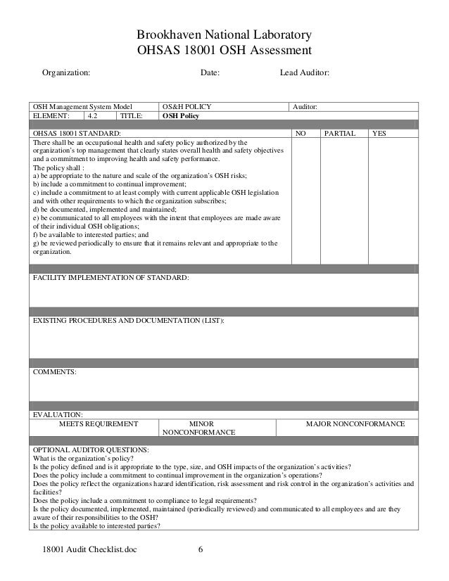 18001 audit checklist doc audit checklist