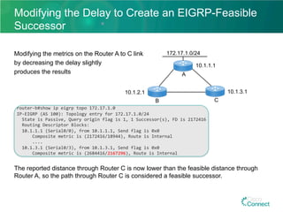Modifying the Delay to Create an EIGRP-Feasible
Successor
Modifying the metrics on the Router A to C link
by decreasing the delay slightly
produces the results
	router-b#show	ip	eigrp	topo	172.17.1.0	
	IP-EIGRP	(AS	100):	Topology	entry	for	172.17.1.0/24	
			State	is	Passive,	Query	origin	flag	is	1,	1	Successor(s),	FD	is	2172416	
			Routing	Descriptor	Blocks:	
			10.1.1.1	(Serial0/0),	from	10.1.1.1,	Send	flag	is	0x0	
							Composite	metric	is	(2172416/18944),	Route	is	Internal	
							....	
			10.1.3.1	(Serial0/3),	from	10.1.3.1,	Send	flag	is	0x0	
							Composite	metric	is	(2684416/2167296),	Route	is	Internal	
	
The reported distance through Router C is now lower than the feasible distance through
Router A, so the path through Router C is considered a feasible successor. 	
172.17.1.0/24
B C
A
10.1.1.1
10.1.2.1 10.1.3.1
 