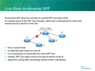 Link-State Incremental SPF
Incremental SPF takes the concept of a partial SPF one step further.
If a specific piece of the SPF tree changes, rather than recalculating the entire tree
recompute just a section of the tree
§  link to router B fails
§  no alternate path exists to router B
§  it is unnecessary to recalculate the entire SPF tree
§  Instead, SPF can safely remove the branch behind router B
§  adjust the routing table accordingly without further calculations
172.17.1.0/24
B
C
A
D
E
 