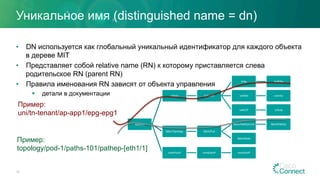 Уникальное имя (distinguished name = dn)
•  DN используется как глобальный уникальный идентификатор для каждого объекта
в дереве MIT
•  Представляет собой relative name (RN) к которому приставляется слева
родительское RN (parent RN)
•  Правила именования RN зависят от объекта управления
§  детали в документации
14
topRoot
polUni fvTenant
fvAp fvAEPg
vzFilter vzEntry
vzBrCP vzSubj
fabricTopology fabricPod
fabricPathEpCont fabricPathEp
fabricNode
vmmProvP vmmDomP vmmCtrlrP
Пример:
uni/tn-tenant/ap-app1/epg-epg1
Пример:
topology/pod-1/paths-101/pathep-[eth1/1]
 