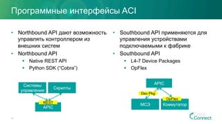 Программные интерфейсы ACI
•  Northbound API дают возможность
управлять контроллером из
внешних систем
•  Northbound API
§  Native REST API
§  Python SDK (“Cobra”)
•  Southbound API применяются для
управления устройствами
подключаемыми к фабрике
•  Southbound API
§  L4-7 Device Packages
§  OpFlex
15
Системы
управления
Скрипты
APIC
REST
МСЭ Коммутатор
OpFlex
APIC
Dev Pkg
 