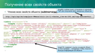 Получение всех свойств объекта
•  Чтение всех свойств объекта (subtree=агдд)
22
<imdata totalCount="1">
<compVm cfgdOs="Ubuntu Linux (32-bit)" childAction="" descr="" dn="comp/prov-
VMware/ctrlr-[vc-1]-vCenter_1/vm-vm-1001" guid="5024a300-1fde-aa80-72d4-7c33ef63a688"
id="0" lcOwn="local" modTs="2015-06-05T17:04:04.471+00:00" monPolDn=""
name="32bit_Ubuntu" oid="vm-1001" os="" state="poweredOn" status="" type="virt">
<compVNic adapterType="Vmxnet3" addressType="assigned" childAction="" descr=""
guid="" id="0" ip="0.0.0.0" lcOwn="local" mac="00:50:56:A4:D0:D0"
modTs="2015-06-05T17:04:04.471+00:00" monPolDn="" name="Network adapter 1" oid="4000"
operSt="up" rn="vnic-00:50:56:A4:D0:D0" status="" type="virt"/>
<compRsHv childAction="" forceResolve="no" lcOwn="local"
modTs="2015-06-04T22:39:08.435+00:00" rType="mo" rn="rshv-[comp/prov-VMware/ctrlr-
[vc-1]-vCenter_1/hv-host-12]" state="formed" stateQual="none" status="" tCl="compHv"
tDn="comp/prov-VMware/ctrlr-[vc-1]-vCenter_1/hv-host-12" tType="mo"/>
</compVm>
</imdata>
http://apic/api/mo/comp/prov-VMware/ctrlr-[vc-1]-vCenter_1/vm-vm-1001.xml?rsp-subtree=full
Атрибут subtree query установлен в значение
"full" для получения всех связанных объектов
target Dn содержит ссылку на другой объект –
в этом примере – гипервизор чтобы получить
больше информации об объекте
 