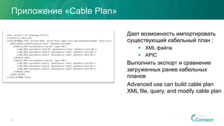 Приложение «Cable Plan»
47
Дает возможность импортировать
существующий кабельный план :
§  XML файла
§  APIC
Выполнить экспорт и сравнение
загруженных ранее кабельных
планов
Advanced use can build cable plan
XML file, query, and modify cable plan
 