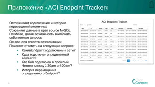 Приложение «ACI Endpoint Tracker»
Отслеживает подключение и историю
перемещений оконечных
Сохраняет данные в open source MySQL
Database, давая возможность выполнять
собственные запросы
Основа для средств визуализации
Помогает ответить на следующие вопросв:
§  Какие Endpoint подключены к сети?
§  Куда подключен определенный
Endpoint?
§  Кто был подключен в прошлый
Четверг между 3:30am и 4:00am?
§  История перемещения
определенного Endpoint?
48
 